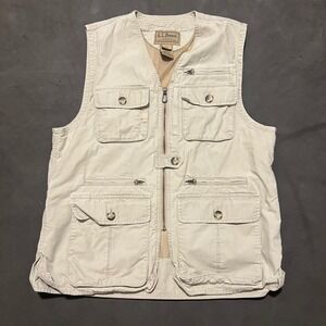 LL Bean Men Utility Vest Beige Cotton Safari Outdoor Travel Fishing Cargo Medium